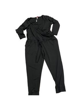 Paisley Sky L black maternity jumpsuit with days wrap front & drawstring waist